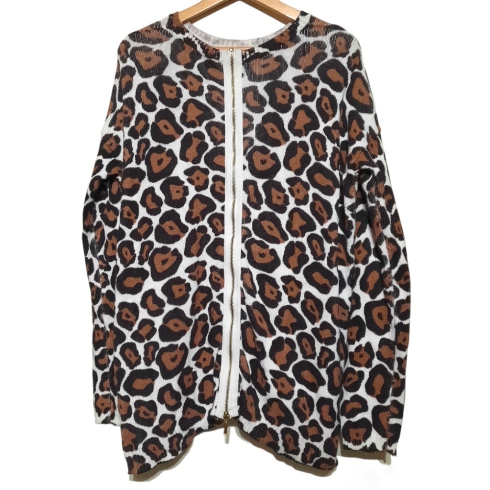 SMYMuMu Back Zip Crewneck Sweater Cotton Cheetah Oversize M 8 10 - Picture 5 of 10